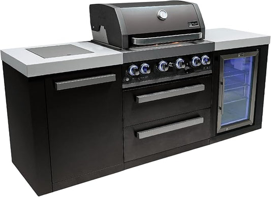 Mont Alpi 82"W x 23"D x 46"H Black Stainless Steel Premium Outdoor Kitchen Island with Refrigerator + 32"W 4-Burner BBQ Grill + Granite Countertops + Storage + Chopping Board + Rotisserie Kit + Cover