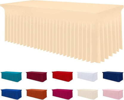 Smiry Spandex Elastic Fitted Table Cloth Skirt for 8FT Rectangle Table | Stretch Washable Table Cloth, Banquet Table Cover for Wedding, Party, Indoor & Trade Shows, (Ivory, 96Lx30Wx30H)