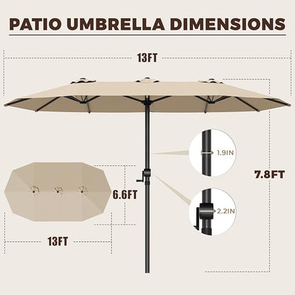 GDPFN 13FT Large Patio Umbrella, Outdoor Deck Standing Umbrella with Crank Handle, Double-Side Rectangular Pool Umbrella for Outside, Market, Patio, Beige (Base Not Include)
