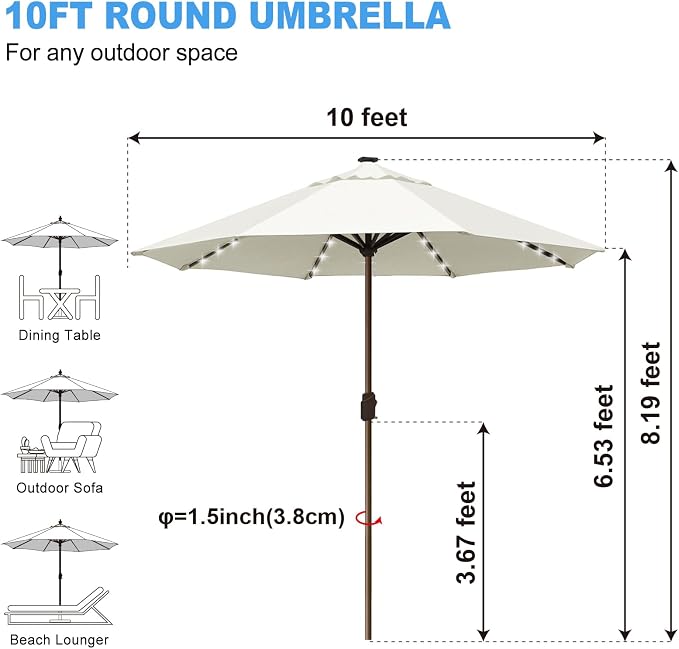 Eurmax USA 10-Year-Non-Fading 10FT Outdoor Patio Market Umbrella with LED Lights,UPF50+ UV Resistant,Heavy Duty Commercial Grade,Crank Lift Design,Windproof Vented Top for Garden,Pool,Deck,Natural