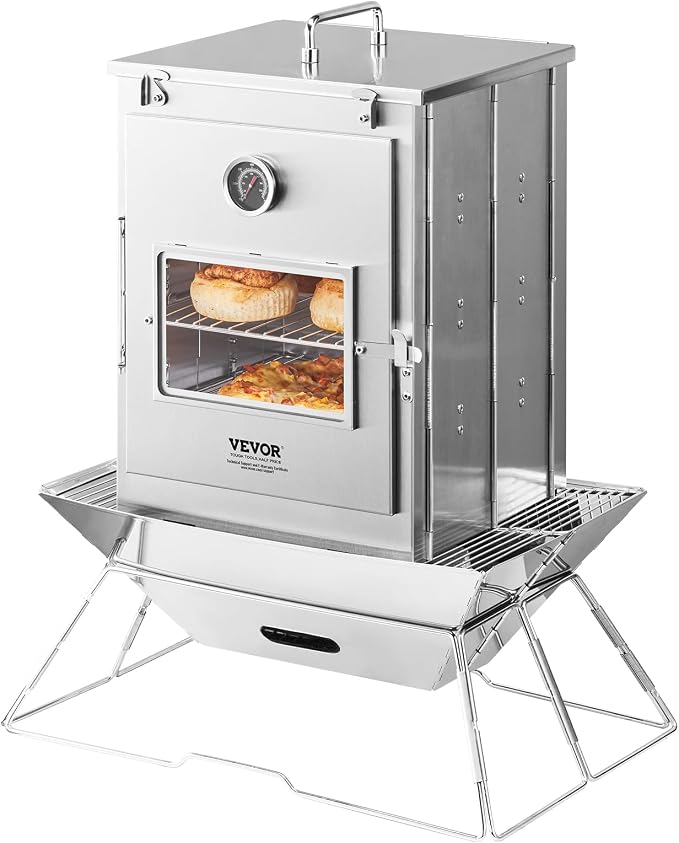 VEVOR Foldable Camping Oven, Stainless Steel Portable Camping Stove, with 3 Tier Grill, Handle and Thermometer, Use with Wood Burning Fire, Propane Stoves, for Baking Bread, Pizza, Outdoor Cooking