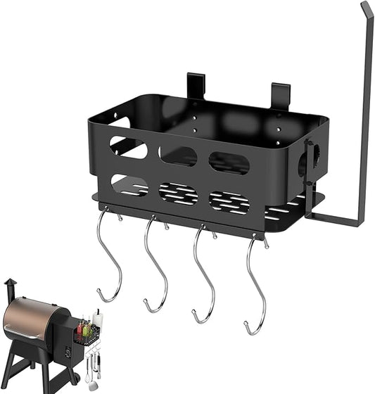 Storage Bin for Traeger Grills, Pellet Storage Bin with 4 Hooks and Paper Towel Holder for Traeger Pro 22/34/780/575, Ironwood 650/885, Eastwood 22/34, for Pit Boss, for Z Grill and Other Pellet Grill