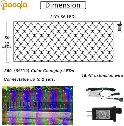 Pooqla Colorful Net Lights, 21x 5ft Christmas Lights Outdoor Green Wire | 360 LED Large Net Mesh Lights Plug in, 8 Modes Waterproof Connectable Multicolor Bushes Lights for Christmas Hedge Yard Decor