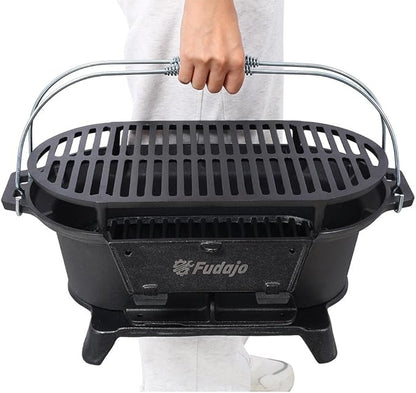 Tabletop Charcoal Grill & Cast Iron Hibachi with Flat-Top Griddle — Portable Outdoor BBQ for Camping, Tailgating & Picnics, Enamel-Coated, Built-in Vent, Carry Handles, 19.6" x 10.6" x 8.2", Black