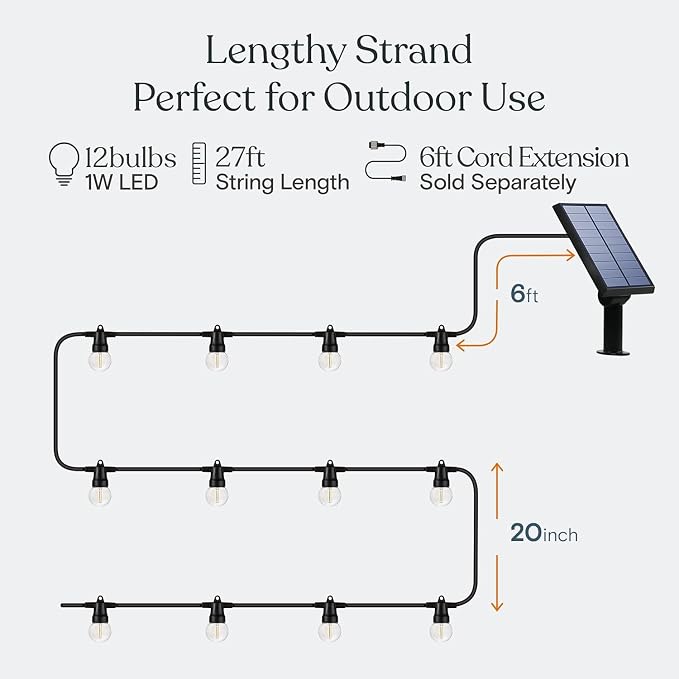 Brightech Ambience Pro 27 Ft Solar Powered Outdoor String Lights - Commercial Grade Waterproof Patio Lights Withn Edison Globes, Shatterproof LED String Lights for Patio - 1W, Warm White, 12 Bulbs