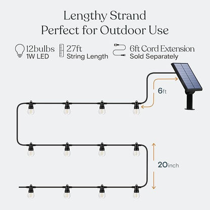 Brightech Ambience Pro 27 Ft Solar Powered Outdoor String Lights - Commercial Grade Waterproof Patio Lights Withn Edison Globes, Shatterproof LED String Lights for Patio - 1W, Warm White, 12 Bulbs