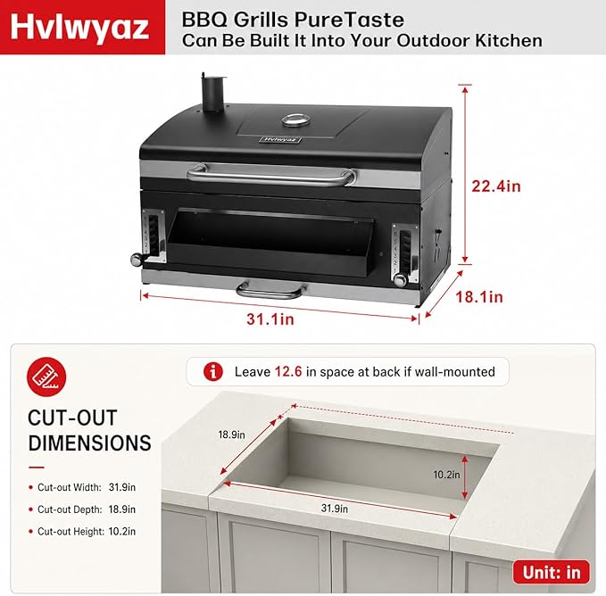 Built-in Charcoal Grill, Large BBQ Grills with Liftable Tray, Insulated Hood & Temp Gauge, Black Stainless Steel Barrel Grill for Outdoor Kitchen, Family BBQ Parties & Patio Use