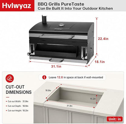 Built-in Charcoal Grill, Large BBQ Grills with Liftable Tray, Insulated Hood & Temp Gauge, Black Stainless Steel Barrel Grill for Outdoor Kitchen, Family BBQ Parties & Patio Use