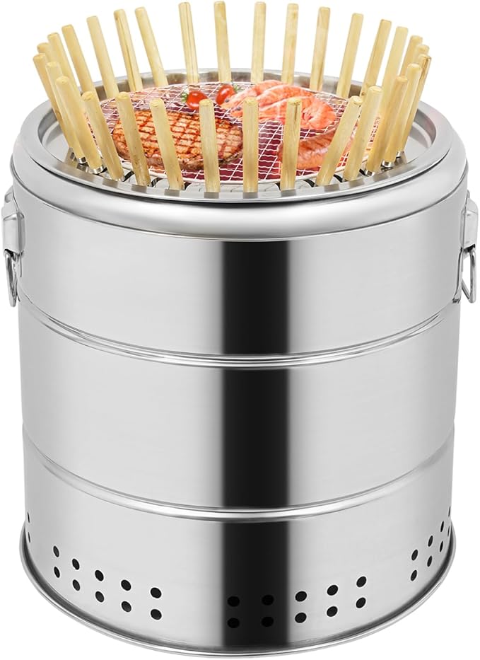 Smokeless Charcoal Hanging Grill, 30-skewers Stainless BBQ Grill Barrel,360° Portable Charcoal Grills for Backyard, Patio & Camping, Double-Layer for Adults & Family
