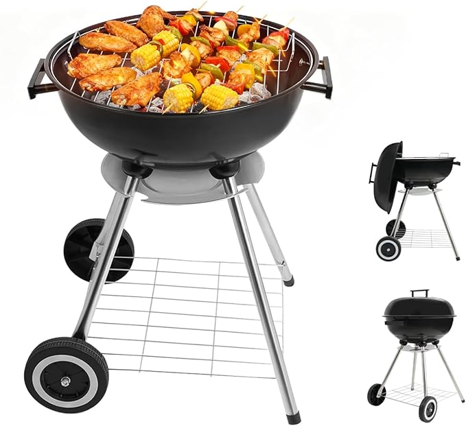 18-Inch Portable Charcoal Grill - Ultimate Apple Shape BBQ Grill for Camping, Tailgating & Patio - Compact, Lightweight & Durable with Carrying Handle and Wheels (Black)