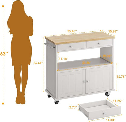knoworld Rolling Kitchen Island with Storage Cabinet, 35.4'' Width Kitchen Cart, 2 Drawers Island Table, Portable Mobile Kitchen Island with Towel Rack, Wood Top and Lockable Wheels, White