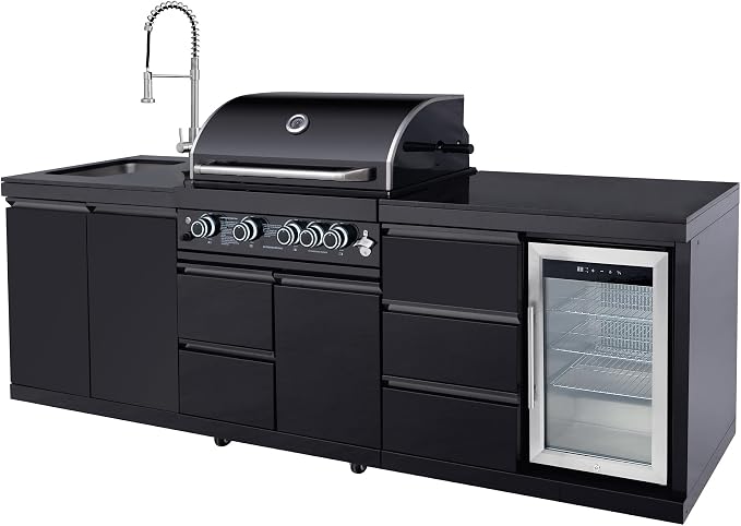 102.4'' Outdoor Kitchen Island, All-In-One 4 Burner Modular Outdoor Kitchen for Backyards, 59500 BTU, BBQ Grill with 304 Stainless Steel, Black Outdoor Kitchens with Sink, Refrigerator
