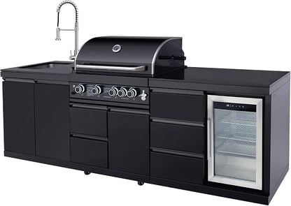 102.4'' Outdoor Kitchen Island, All-In-One 4 Burner Modular Outdoor Kitchen for Backyards, 59500 BTU, BBQ Grill with 304 Stainless Steel, Black Outdoor Kitchens with Sink, Refrigerator