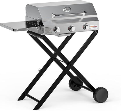 BBQ Gas Grill 3-Burner with Foldable Cart & Side Table, Premium Portable Propane Grill with 22" Cooking Grate for Outdoor Patio Backyard Barbecue Camping Tailgating RV, Stainless Steel, Classic GS308