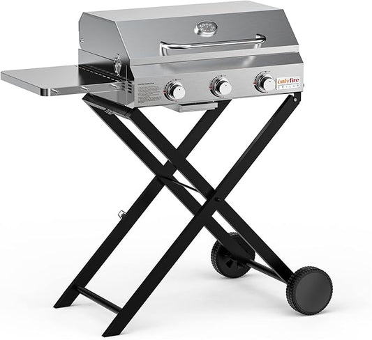 BBQ Gas Grill 3-Burner with Foldable Cart & Side Table, Premium Portable Propane Grill with 22" Cooking Grate for Outdoor Patio Backyard Barbecue Camping Tailgating RV, Stainless Steel, Classic GS308