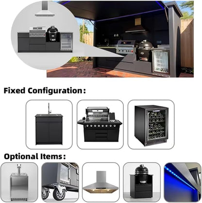 Weatherproof Modular Outdoor Kitchen | Outdoor Kitchen Island with BBQ Grill, Sink & Refrigerator, Ideal for Glamping Resort, Villa Backyard & Restaurant Patio