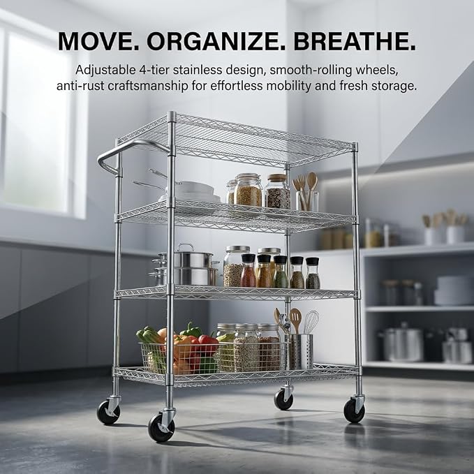 Finnhomy 4 Tier Heavy Duty Commercial Grade Rolling Cart with Handle Bar, Metal Wire Utility Cart with Wheels, Kitchen Service Trolley on Wheels, Shelf Size 18" D x 36" W, NSF, Chrome