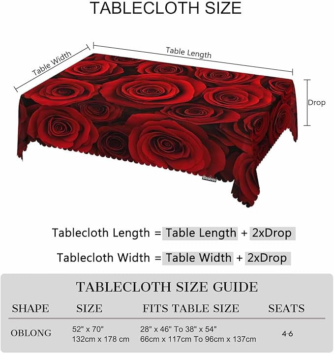 Rose Rectangle Tablecloth 52x70 Inch Bloom Flower Roses Red Dining Table Cloth Table Cover Tablecloth for Home Kitchen Restaurant Party Buffet Picnic, 4-6 Seats