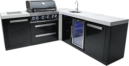 Mont Alpi Premium 82"W x 88"D L-shaped Black Stainless Steel Modular Outdoor Kitchen Island with Beverage Center Refrigerator Faucet & Sink + 32"W 4-Burner BBQ Gas Grill + Storage Cabinets & Drawers