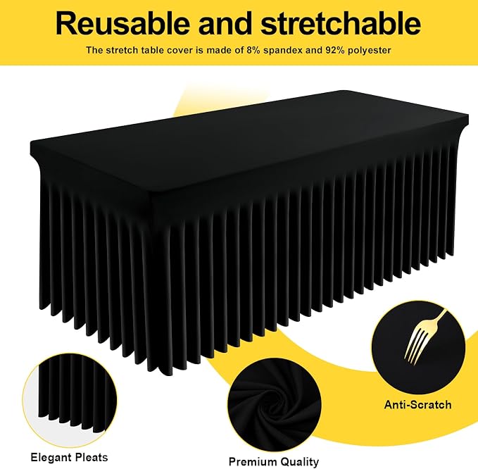Smiry Spandex Elastic Fitted Table Cloth Skirt for 6FT Rectangle Table | Stretch Washable Table Cloth, Banquet Table Cover for Wedding, Party, Indoor & Trade Shows, (Black, 72Lx18Wx30H)