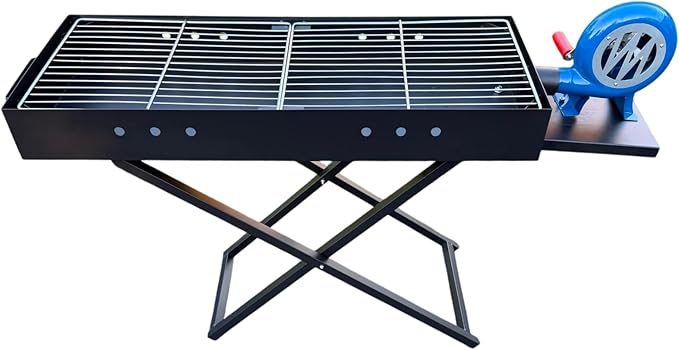 Heavy Duty Charcoal BBQ Grill with Fan & Lid – Portable Outdoor Barbecue Grill, Folding Stand, Metal Charcoal Grill for Camping, Backyard, Picnic (Large)