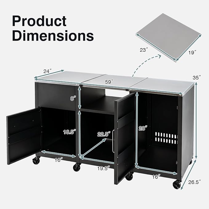 HAPPYGRILL 59” Outdoor Grill Table w/2 Removable Shelves & Storage Cabinets | Heavy-duty BBQ Prep Station w/ Stainless Steel Top, Lockable Universal Wheels, Suitable for Gas Grills & Charcoal Griddles
