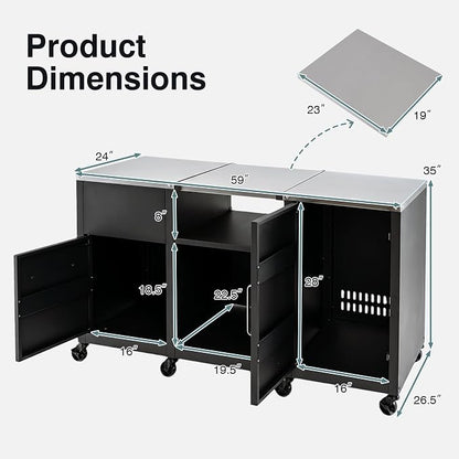 HAPPYGRILL 59” Outdoor Grill Table w/2 Removable Shelves & Storage Cabinets | Heavy-duty BBQ Prep Station w/ Stainless Steel Top, Lockable Universal Wheels, Suitable for Gas Grills & Charcoal Griddles