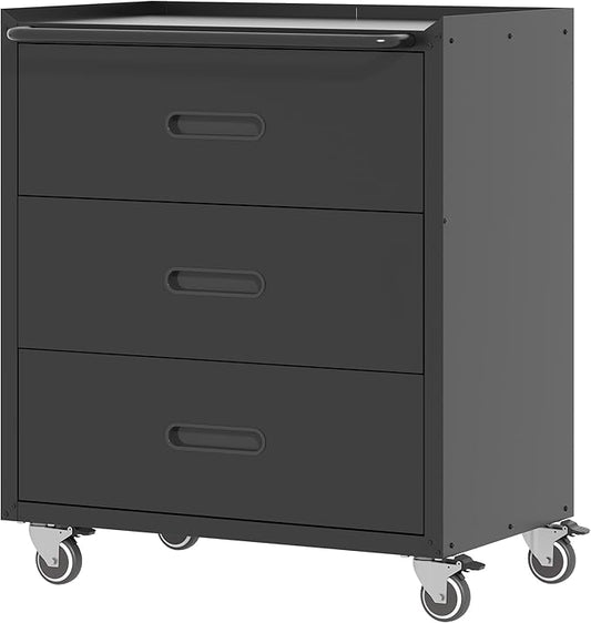 Metal Storage Cabinet with Wheels, Garage Storage Cabinet with 3 Drawers, Rolling Tool Cabinet, Assembly Required, Black