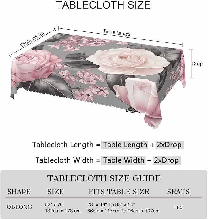Rose Tablecloth for Rectangle Tables - Gray Pink Roses Cover for Indoor and Outdoor Picnic, Camping, Dinner, Kitchen - 52"X70"