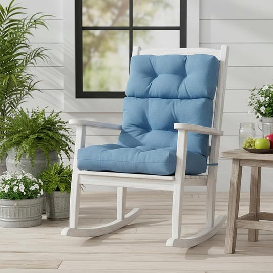 Outdoor Tufted High-Back Chair Cushions, One-Piece Hinged Seat and Back Design, Reversible with 4 Ties, Durable Polyester Fabric, Recycled Fiber Fill - Single, Denim