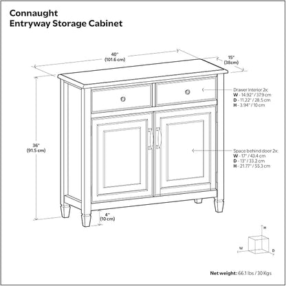 SIMPLIHOME Connaught 40" Wide Solid Wood Storage Cabinet in White | Traditional slim entryway and living room organizer for hats, gloves, shoes and keys with space-saving storage design.
