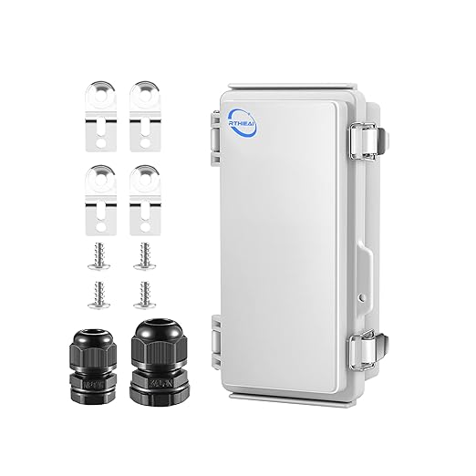 RTHIEAI Waterproof Outdoor IP67 Junction Box (7.9"x3.9"x2.8") with Mounting Plate, Hinged Grey Cover and Wall Brackets - Weatherproof ABS Plastic Electrical Enclosure for DIY Projects (200x100x70mm)