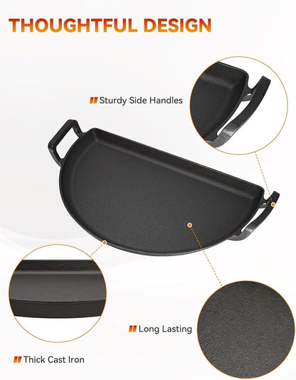 Cast Iron Drip Griddle Pan for 22" Weber Kettle Grill– Heavy Duty 3-in-1 Kettle Grill Accessory, Griddle Insert for 22 Inch Weber & Other Charcoal Kettle Grills, BBQ Searing Pan, Griddle & Drip Tray