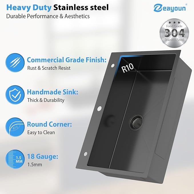 33 Inch Gunmetal Black Drop In Kitchen Sink 33 x 22 Kitchen Sink 18 Gauge Stainless Steel Single Bowl Topmount Sink with Nano Coating, 33x22x9
