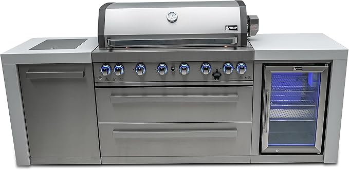 Mont Alpi 94"W x 23"D x 46"H Deluxe Stainless Steel Modular Outdoor Kitchen Island with Refrigerator + 44"W 6-Burner BBQ Gas Grill + Side Burner + Granite Countertops + Storage Cabinets and Drawers