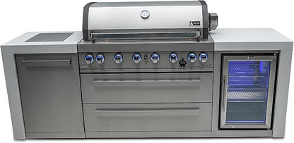 Mont Alpi 94"W x 23"D x 46"H Deluxe Stainless Steel Modular Outdoor Kitchen Island with Refrigerator + 44"W 6-Burner BBQ Gas Grill + Side Burner + Granite Countertops + Storage Cabinets and Drawers