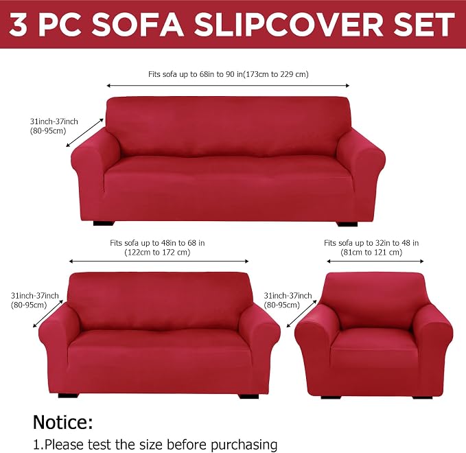 Peryiter 3 Pcs Couch and Loveseat Sofa Covers,Xmas Red,Milk Silk | Armchair Covers for Living Room, Sofa Cushion Slipcover, Furniture Protector, Polyester and Spandex, Washable