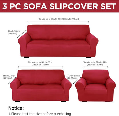 Peryiter 3 Pcs Couch and Loveseat Sofa Covers,Xmas Red,Milk Silk | Armchair Covers for Living Room, Sofa Cushion Slipcover, Furniture Protector, Polyester and Spandex, Washable