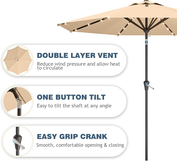 9FT Patio Umbrella with Solar Lights,Outdoor Market Umbrella with Tilt and Crank, LED Lighted Table Umbrella for Garden,Deck,Backyard,Pool,Beach (Khaki)