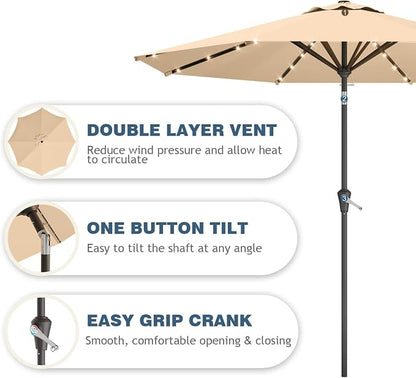 9FT Patio Umbrella with Solar Lights,Outdoor Market Umbrella with Tilt and Crank, LED Lighted Table Umbrella for Garden,Deck,Backyard,Pool,Beach (Khaki)