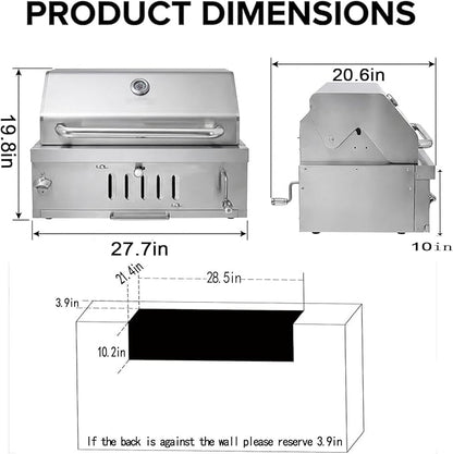 Large Charcoal BBQ Grills, Built in Barbecue Grill with Liftable Tray, Insulated Hood & Temp Gauge, Silver Stainless Steel BBQ Barrel Grill for Outdoor Kitchen Cooking Family Parties Patio Park Style