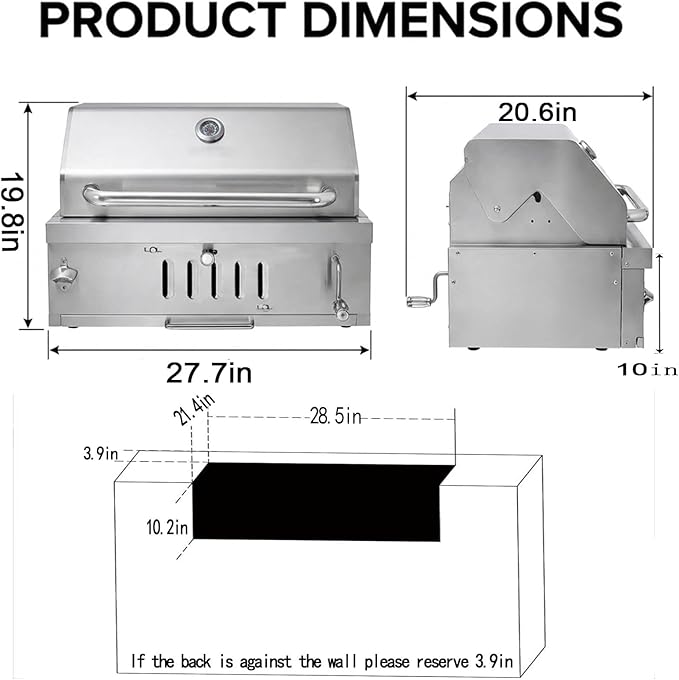 28In Built in BBQ Grills, Large Outside Charcoal Grill with BBQ Fork Kit Liftable Tray & Thermometer, Silver Stainless Steel Barbecue Grill for Outdoor Kitchen Cooking Patio Camping Park