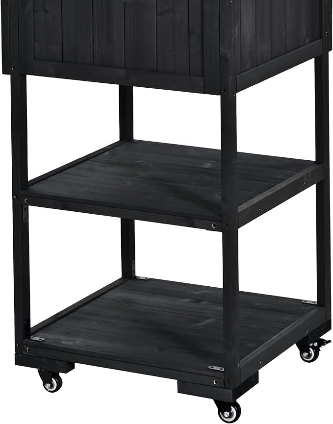 GDFStudio Elshire Patio Kitchen Island Cart with Storage, Wooden Outdoor Storage Cabinet with Stainless Steel BBQ Prep Table Top, Drawers, Raised Shelf and Lockable Wheels, Garden Potting Bench, Black