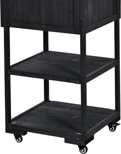 GDFStudio Elshire Patio Kitchen Island Cart with Storage, Wooden Outdoor Storage Cabinet with Stainless Steel BBQ Prep Table Top, Drawers, Raised Shelf and Lockable Wheels, Garden Potting Bench, Black
