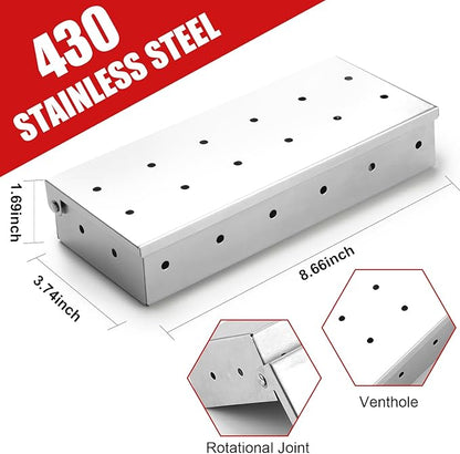 SHIKORI Smoker Box, BBQ Wood Chips Smoker Box for Gas or Charcoal Grills Heavy Duty Stainless Steel Barbecue Smoker Box Grill Accessories(Silver)