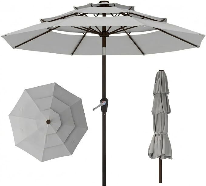10ft 3 Tier Patio Umbrella, Outdoor Market Table Umbrella with UPF 50+ Vented Canopy, 8 Sturdy Ribs, Easy Push Button Tilt and Crank, Windproof for Deck, Pool, Backyard and Garden