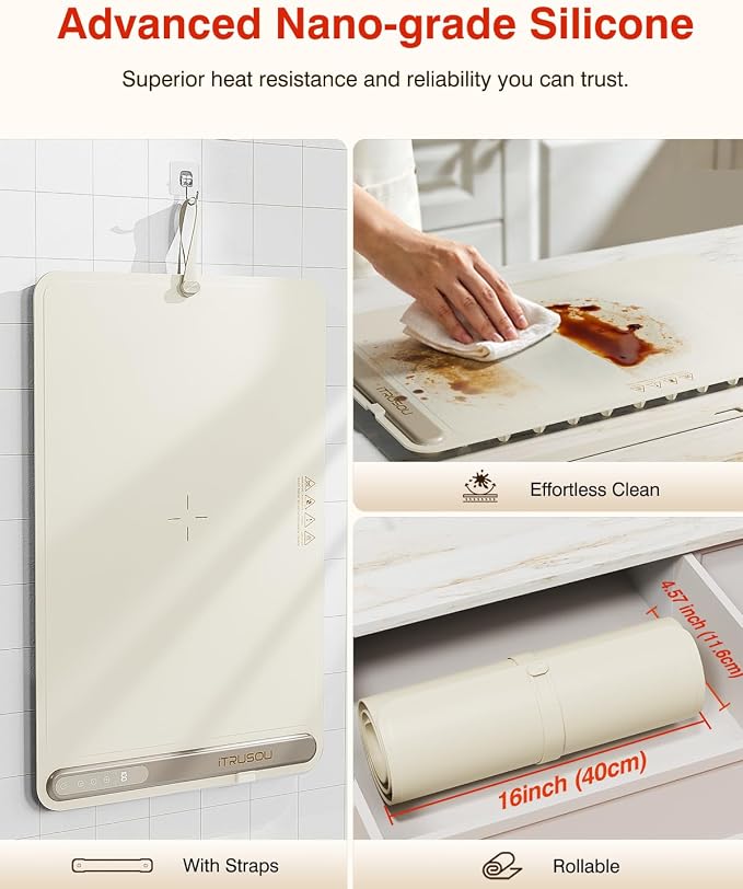 Warming Mat for Food (24"x16") - iTRUSOU 7-Level Electric Warming Tray with 400W High-Power, Timer 0–99H & Built-In Strap - Rollable Large Food Warming Mat for Parties & Buffet