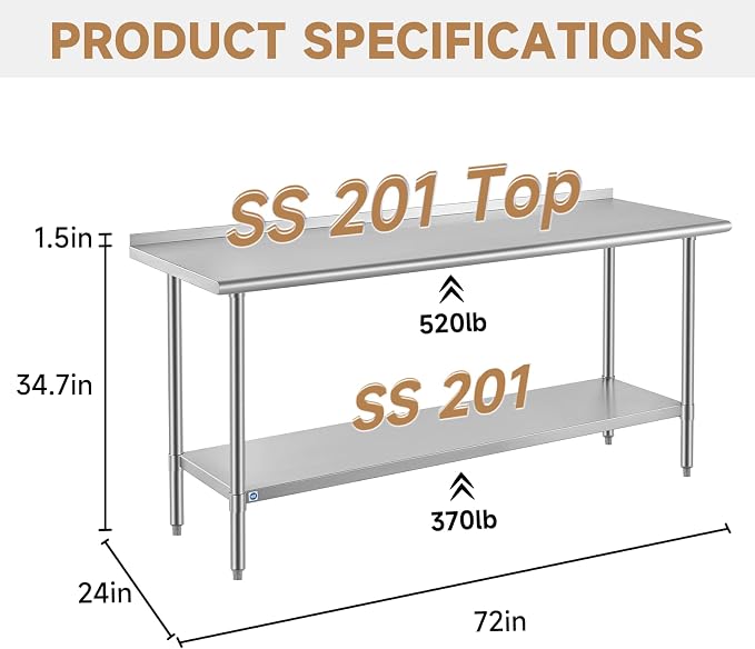 ROCKPOINT All Stainless Steel Perp Table with Backsplash 24x72 Inch, Commercial Heavy Duty Table with Stainless Legs & Adjustable Undershelf, 890 lb Capacity for Restaurant,Home and Outdoor Kitchens