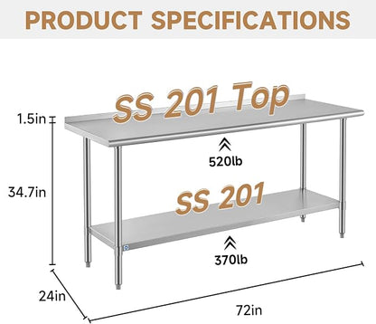 ROCKPOINT All Stainless Steel Perp Table with Backsplash 24x72 Inch, Commercial Heavy Duty Table with Stainless Legs & Adjustable Undershelf, 890 lb Capacity for Restaurant,Home and Outdoor Kitchens