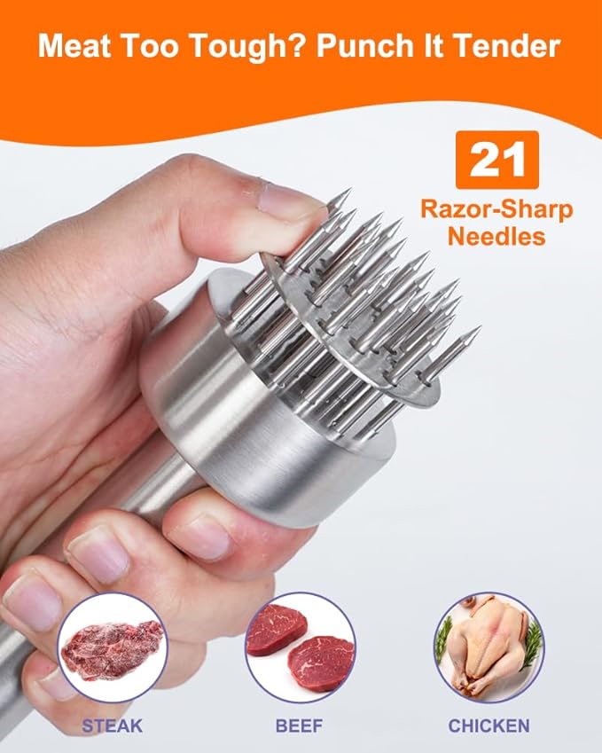 Brigii Meat Tenderizer Tool, 304 Stainless Steel Needle Tenderizer with Retractable Safety Guard, for Tenderizing Steak, Beef, Chicken, Turkey, Dishwasher Safe